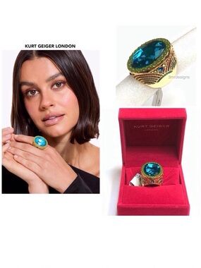 NWT KURT GEIGER LONDON Oval-Cut Gold Tone Turquoise CZ Crystal X-Large Ring